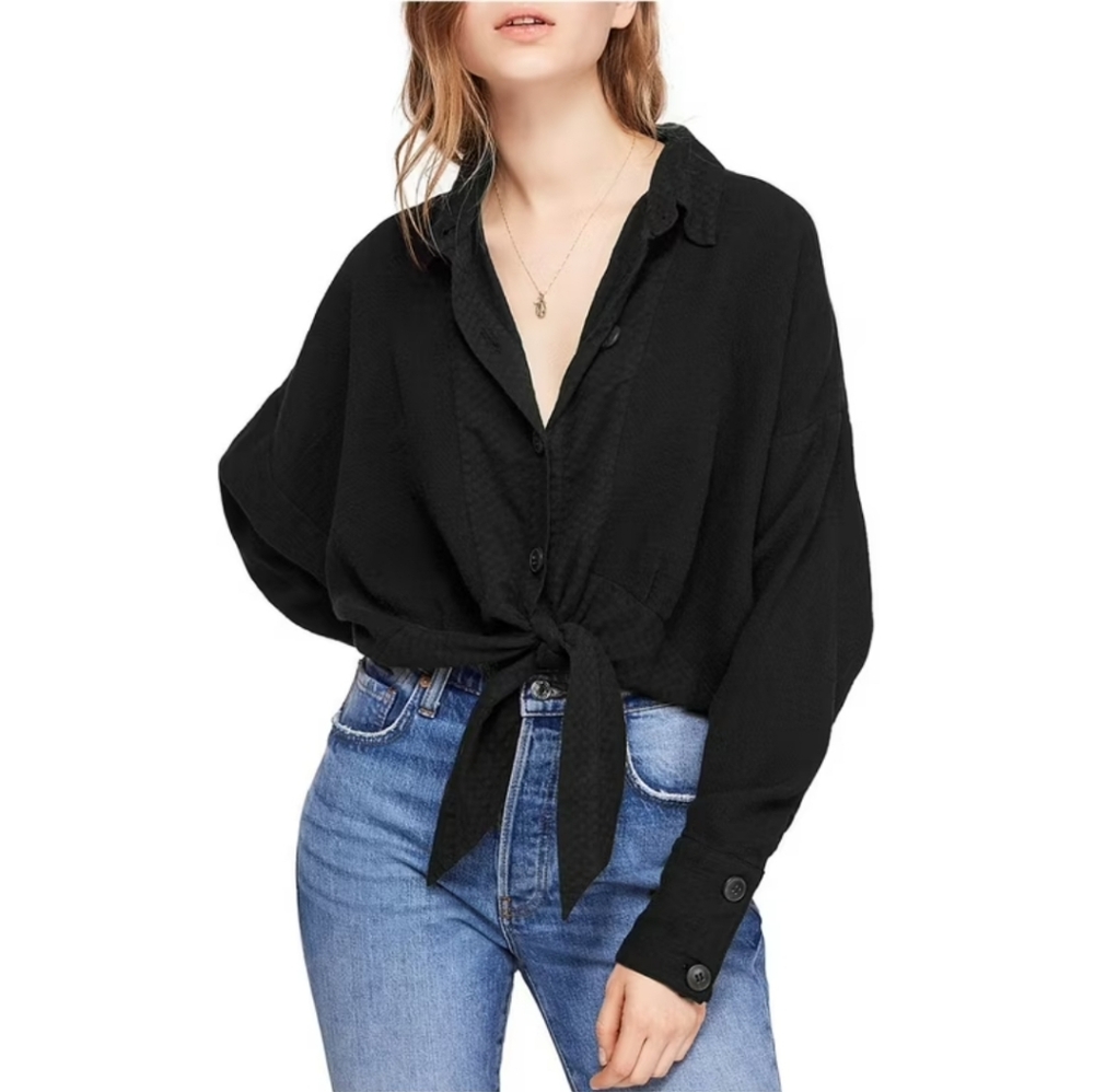 Free People Womens Sunstreaks Tie Front Button Down Blouse Black Small